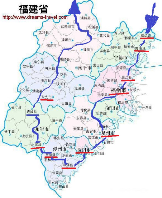 福建环省自驾游路线图,自浙江温州入境,出浙江丽水.